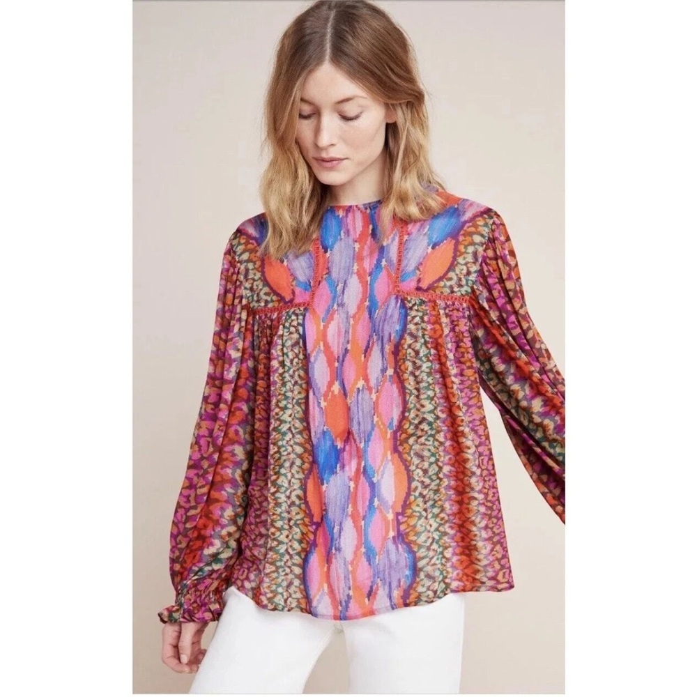 BL^NK LONDON Women’s Miranda Peasant Blouse Eclectic Purple Motif Size S